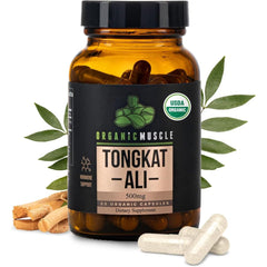 Organic Muscle Tongkat Ali bottle with capsules supports daily energy and vitality.