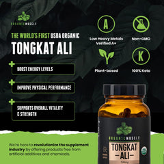 Organic Muscle Tongkat Ali raw root powder highlights natural potency for energy support.