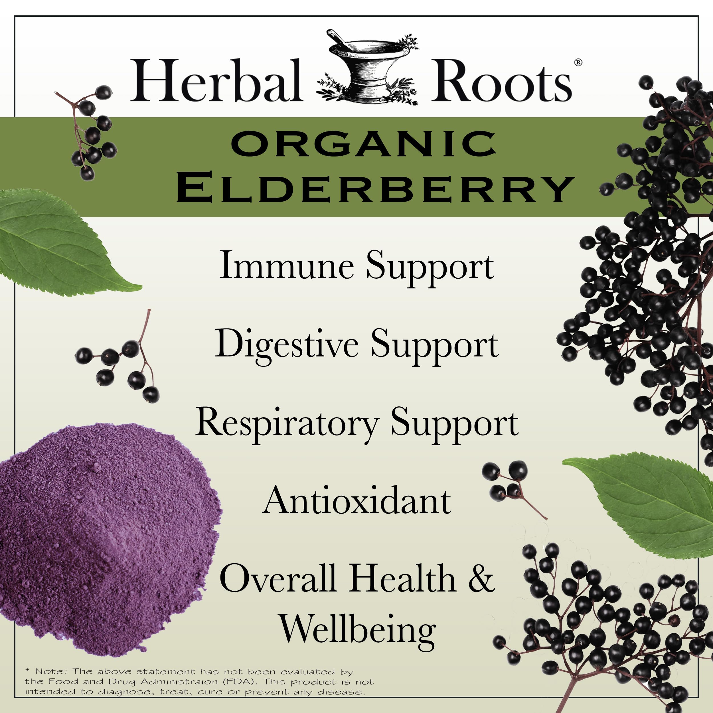Organic Sambucus elderberry berries closeup illustrates natural source behind capsules.