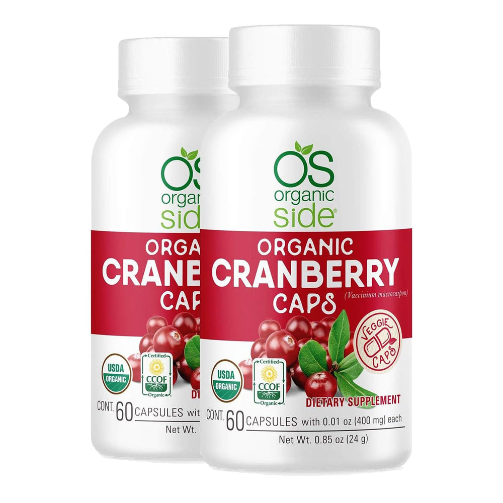 Organic Side Cranberry Capsules bottle front highlights convenient urinary health support