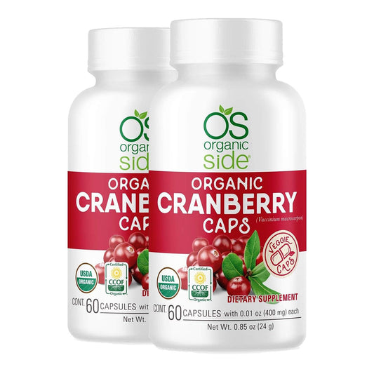 Organic Side Cranberry Capsules bottle front highlights convenient urinary health support