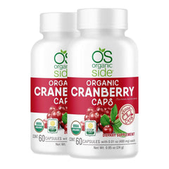 Organic Side Cranberry Capsules bottle front highlights convenient urinary health support