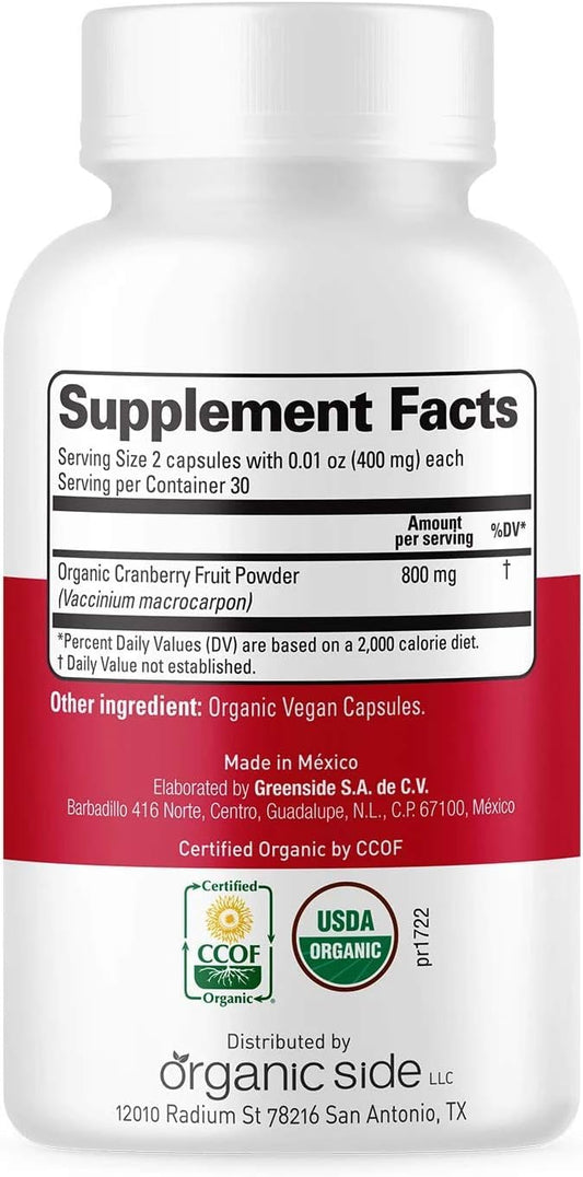 Organic Side Cranberry Capsules closeup shows capsules packed with antioxidants
