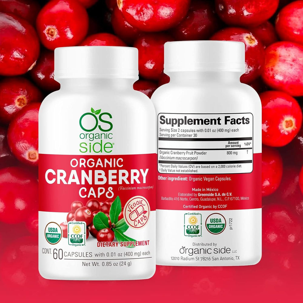 Organic Side Cranberry Capsules daily-use bottle emphasizing vegan and gluten-free formula