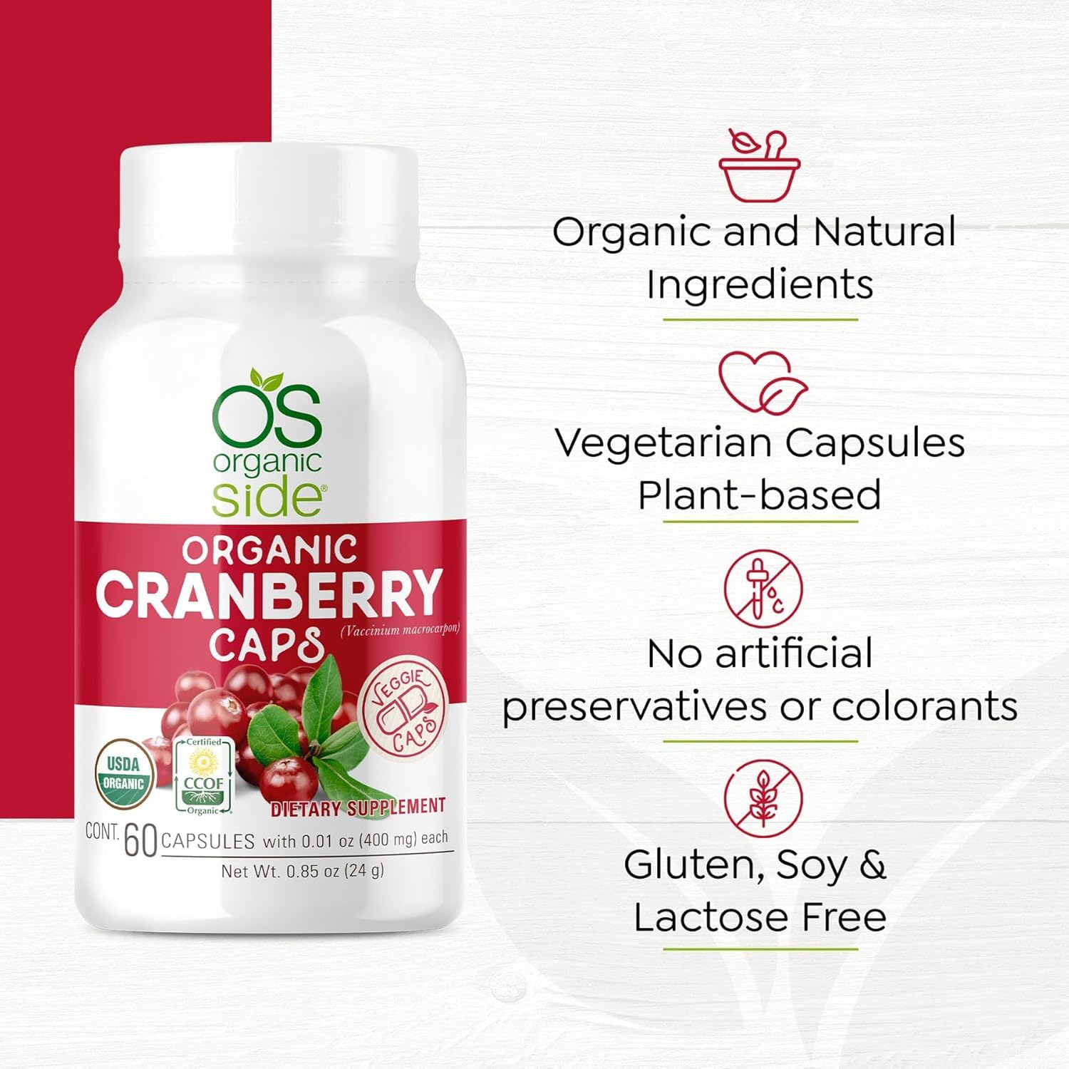 Organic Side Cranberry Capsules outer packaging on shelf ready for daily use