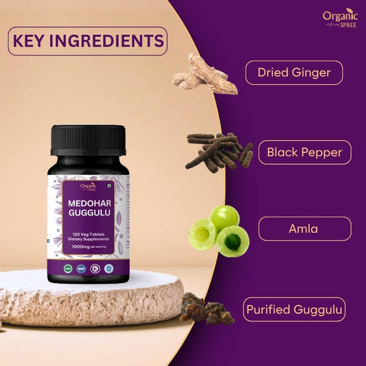 Organic Spree Medohar Guggulu bottle label displaying Ayurvedic formula.