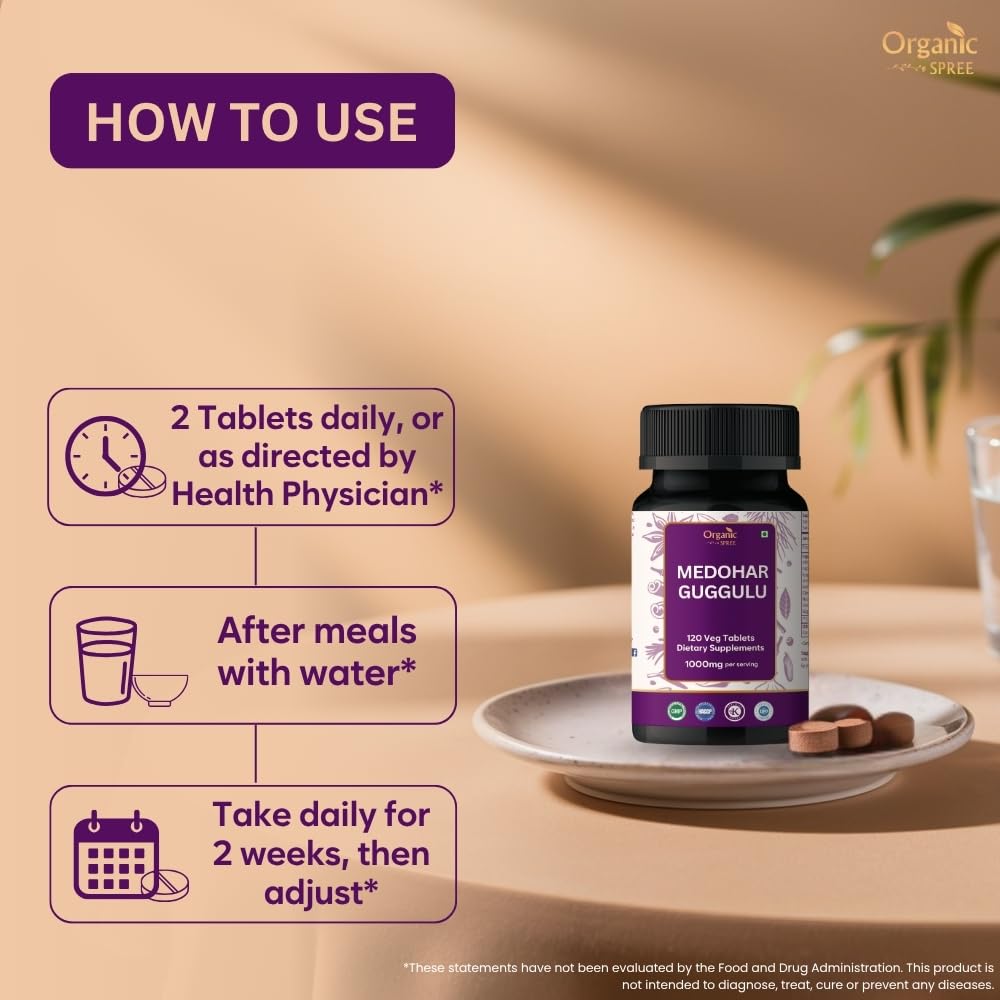 Organic Spree Medohar Guggulu label view emphasizes clear usage guidance.