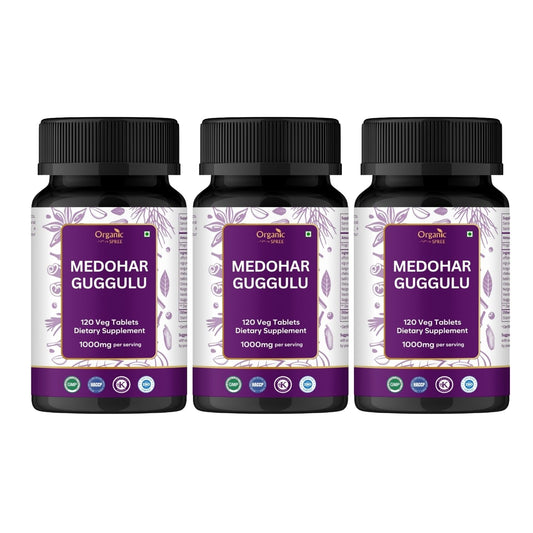 Organic Spree Medohar Guggulu tablets in a bottle for daily metabolism support.