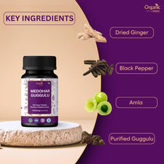Organic Spree Medohar Guggulu tablets closeup highlights vegetarian formula for daily wellness.
