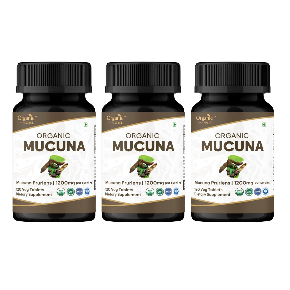 Organic Spree Mucuna 120 tablets bottle for daily wellness.