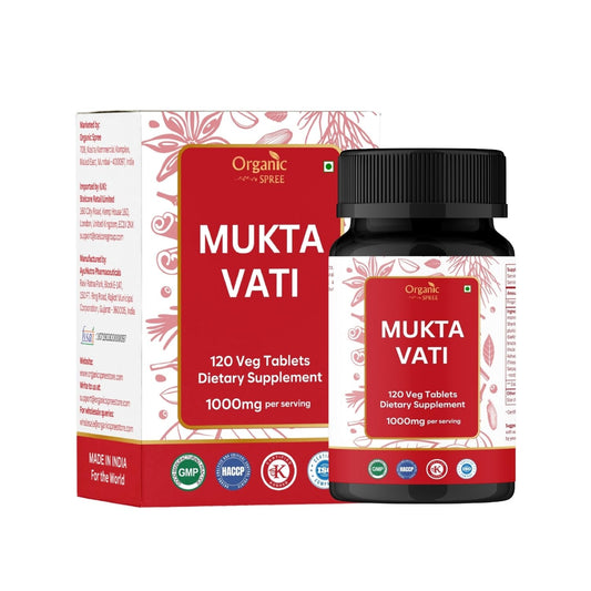 Organic Spree Mukta Vati bottle close-up showing a pure plant-based formulation
