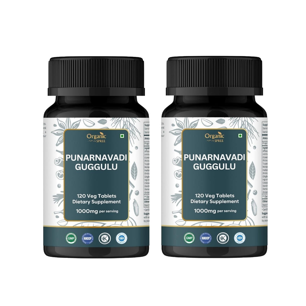 Organic Spree Punarnavadi Guggulu bottle showing herbal blend and kidney support potential