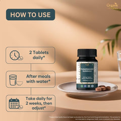 Herbal blend illustration beside Organic Spree Punarnavadi Guggulu for daily wellness