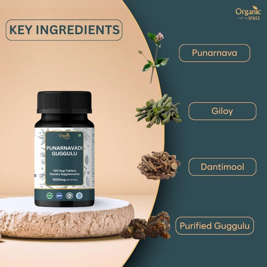 ORGANIC SPREE Punarnavadi Guggulu tablets close-up showing easy-to-swallow herbal format.