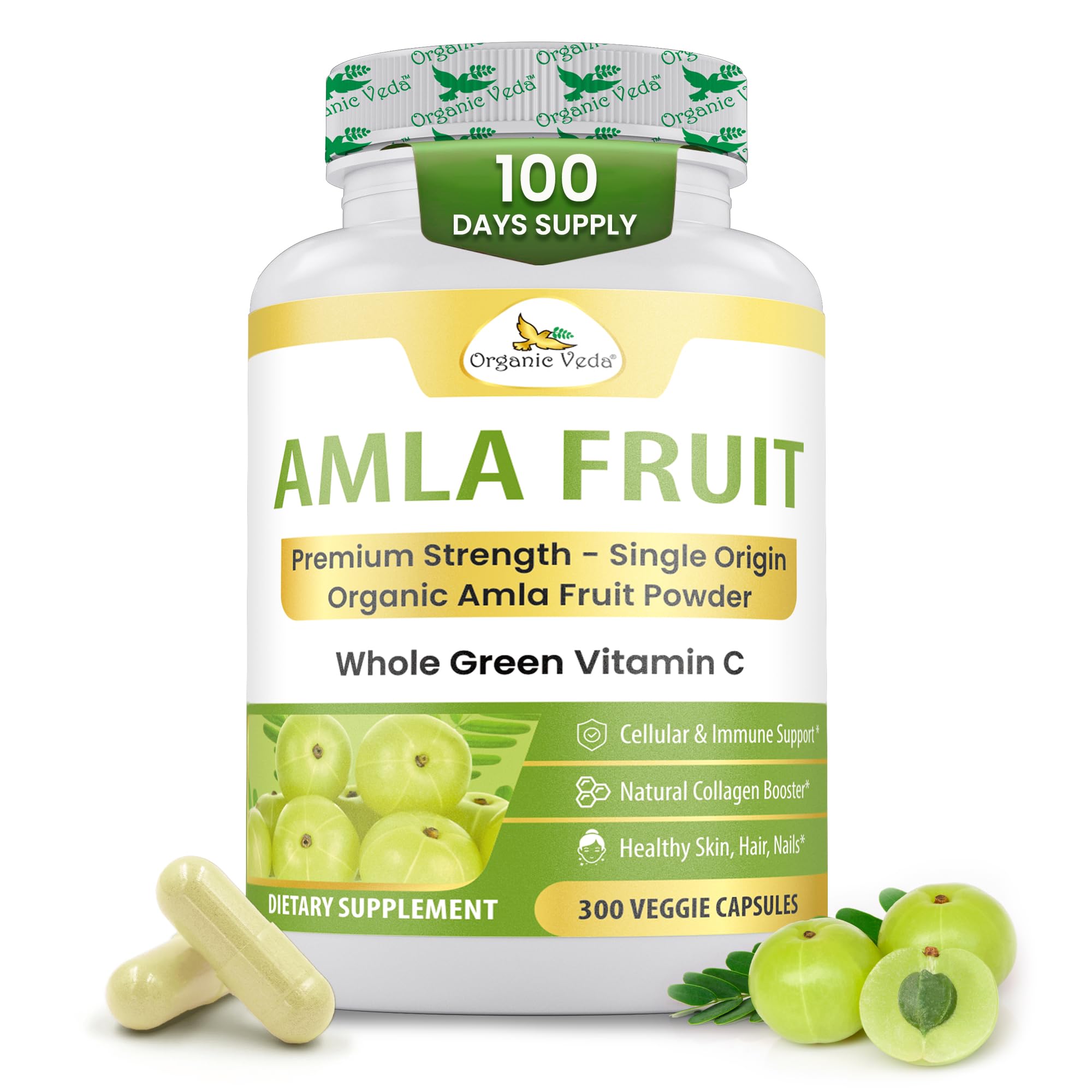 Organic Veda Amla capsules bottle shows 1500mg daily serving for immune support