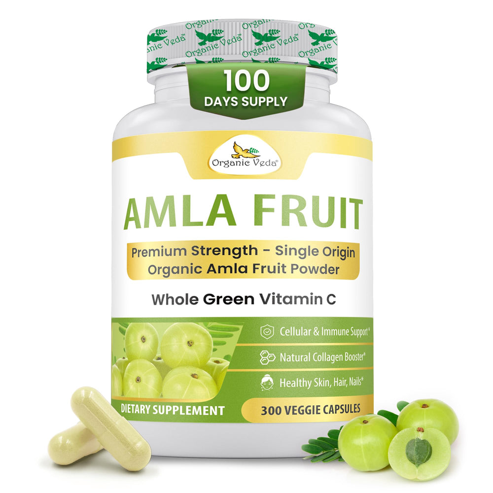 Organic Veda Amla capsules bottle shows 1500mg daily serving for immune support