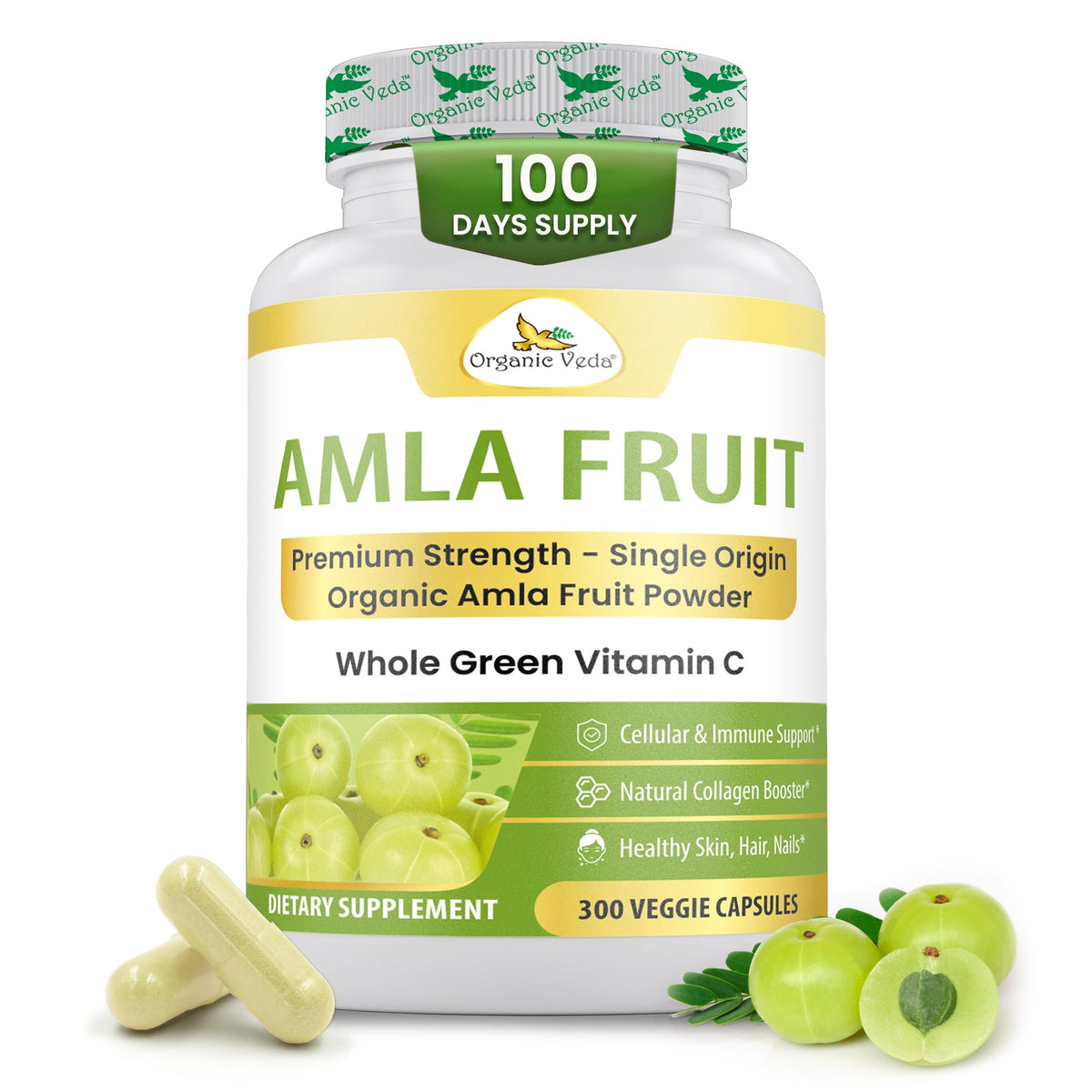 Organic Veda Amla capsules bottle shows 1500mg daily serving for immune support