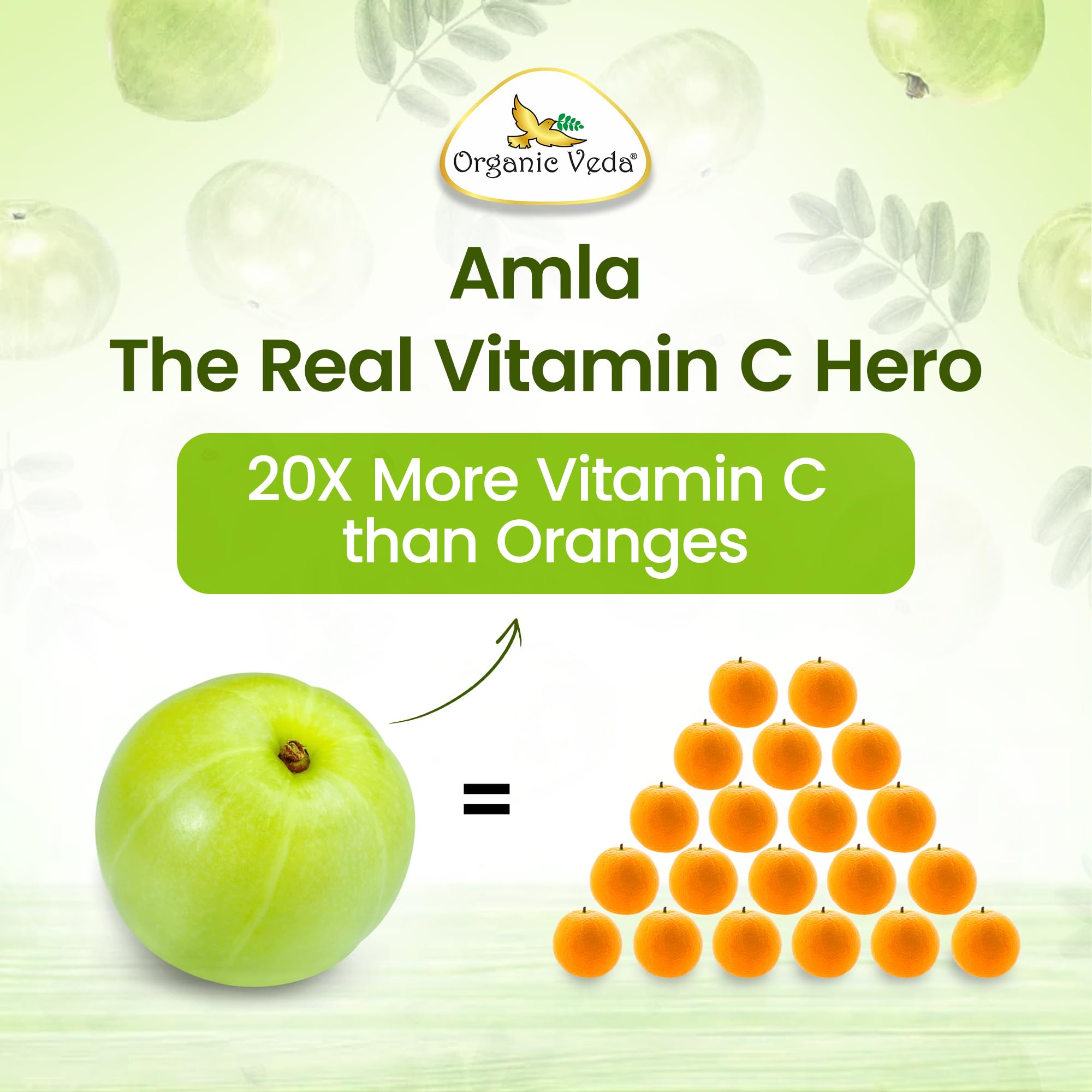 Organic Veda amla capsules beside wood background hint at beauty benefits