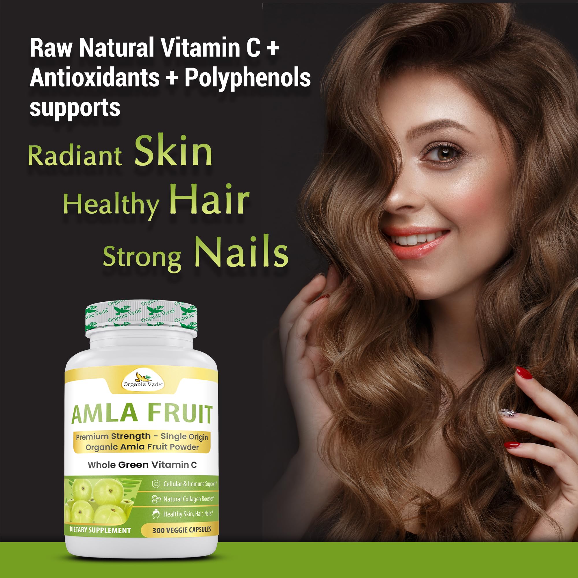 Bottled supplement beside green leaves communicates natural ingredients