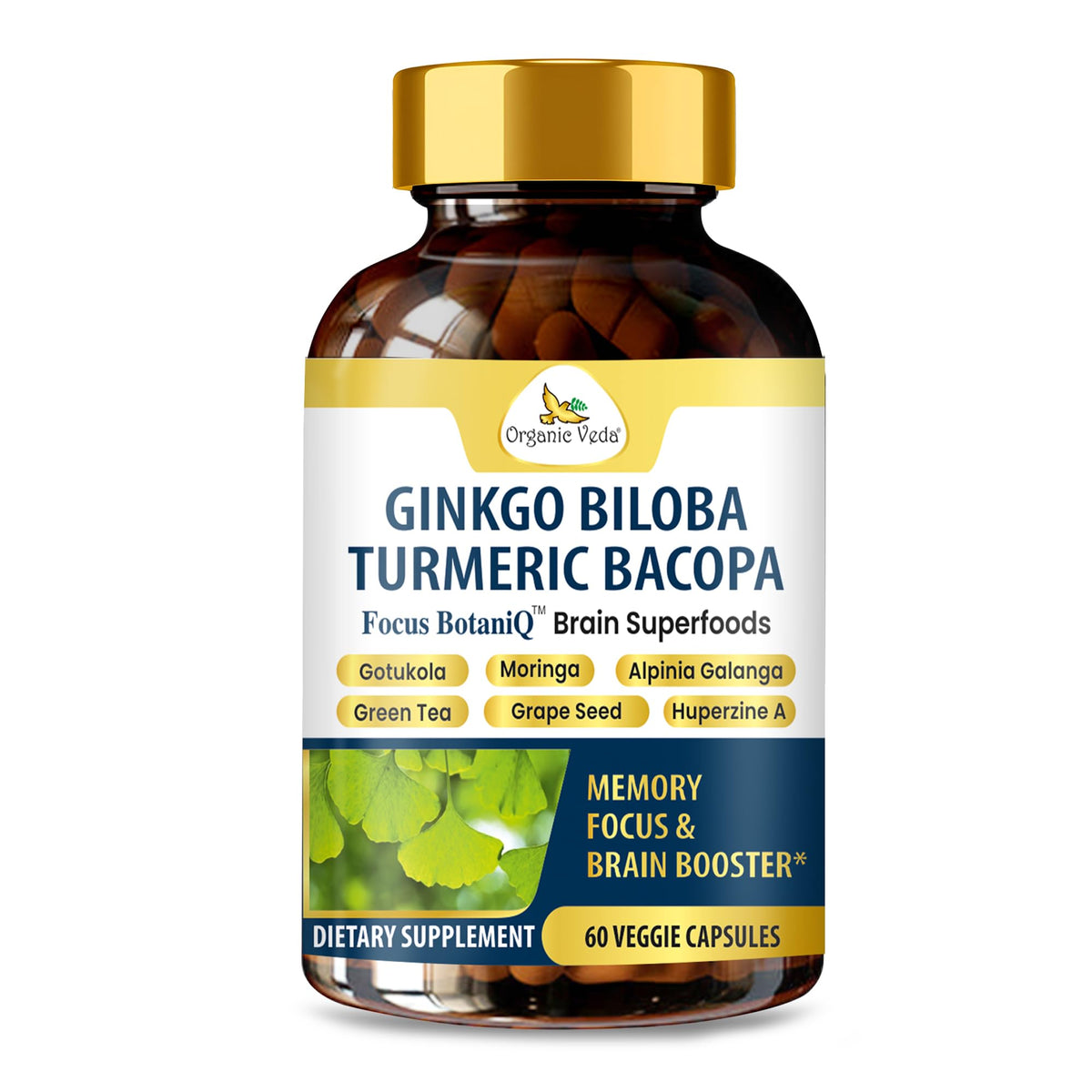 Organic Veda FocusBotaniQ bottle with capsules for daily mental clarity.