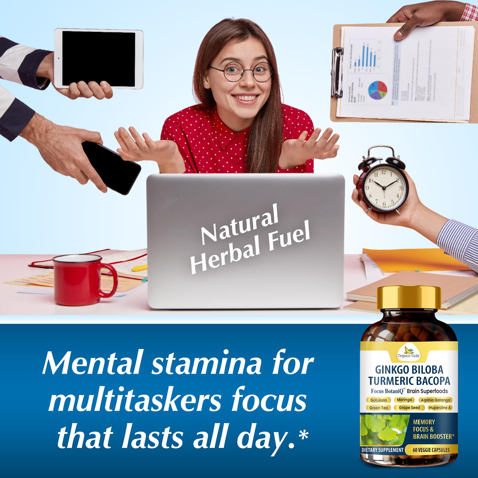 Student studying with Organic Veda FocusBotaniQ on desk.