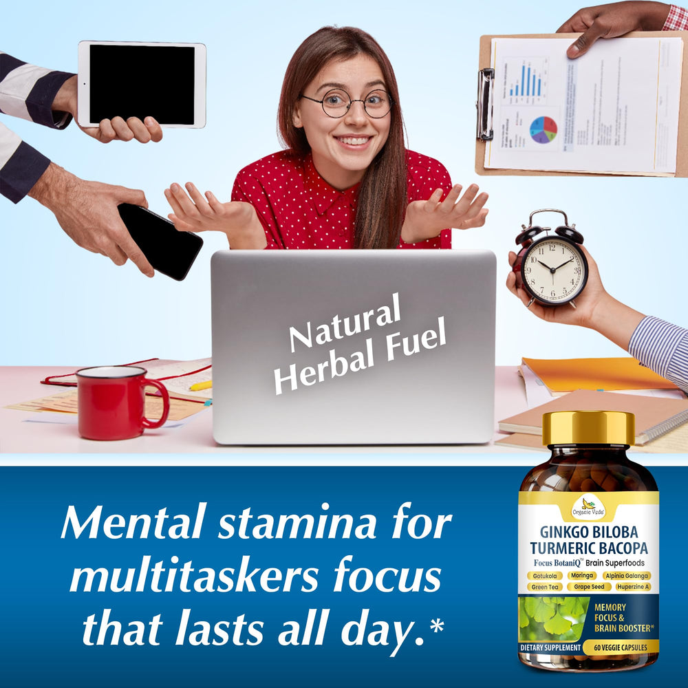 Student studying with Organic Veda FocusBotaniQ on desk.