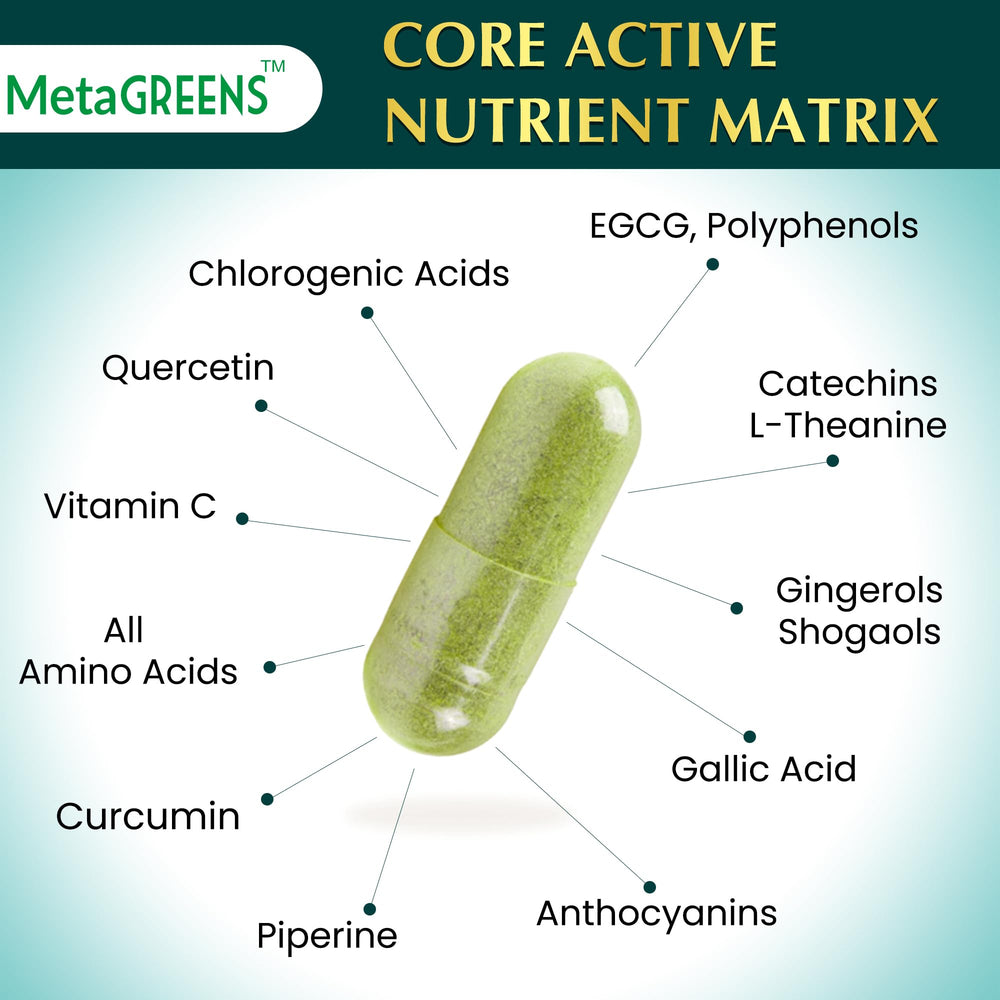 Organic Veda MetaGREENS label detail highlights EGCG and polyphenols
