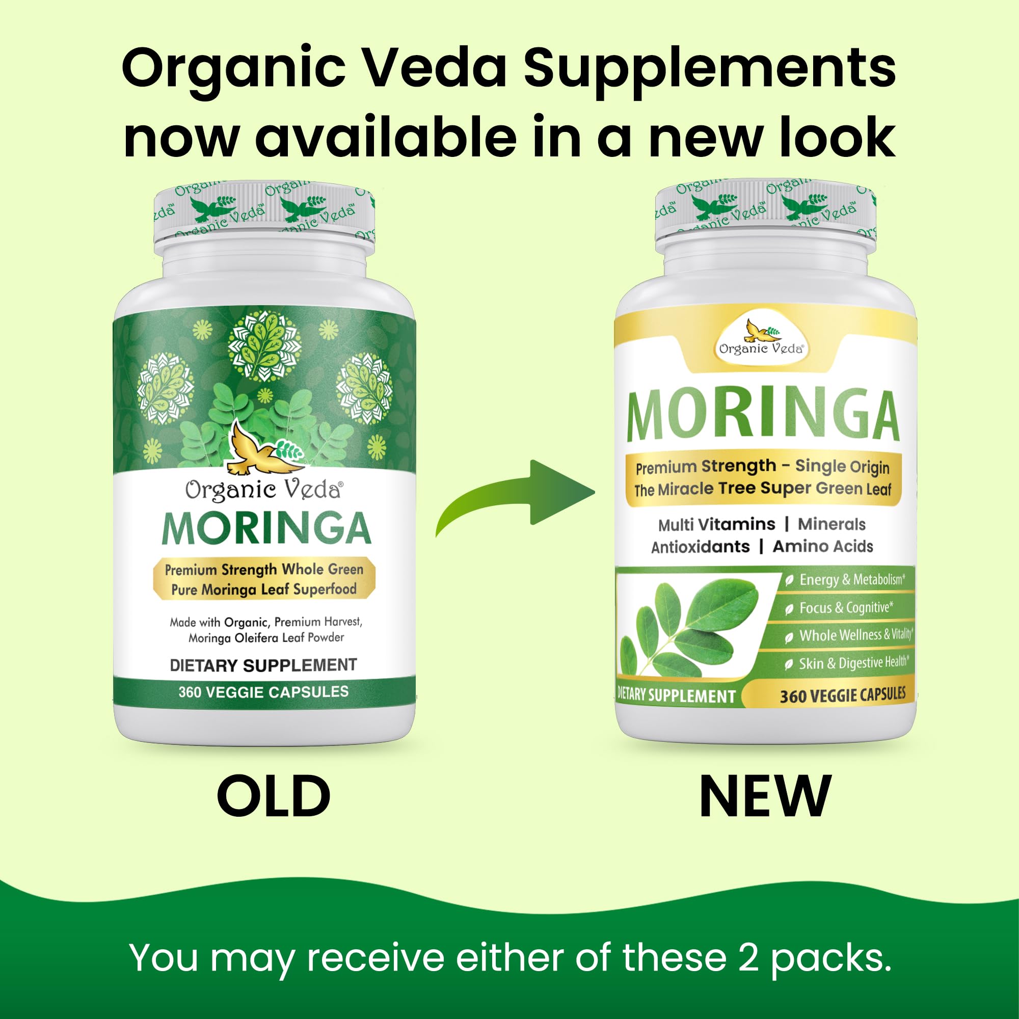 Organic Veda Moringa capsules bottle back label highlights organic origin and purity.