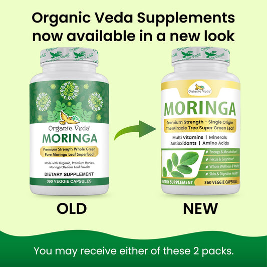 Organic Veda Moringa capsules bottle back label highlights organic origin and purity.