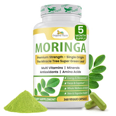 Organic Veda Moringa capsules bottle front signals daily energy support.