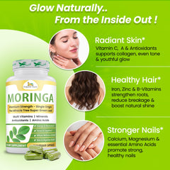 Organic Veda Moringa bottle with measuring cap nearby suggests simple dosing.
