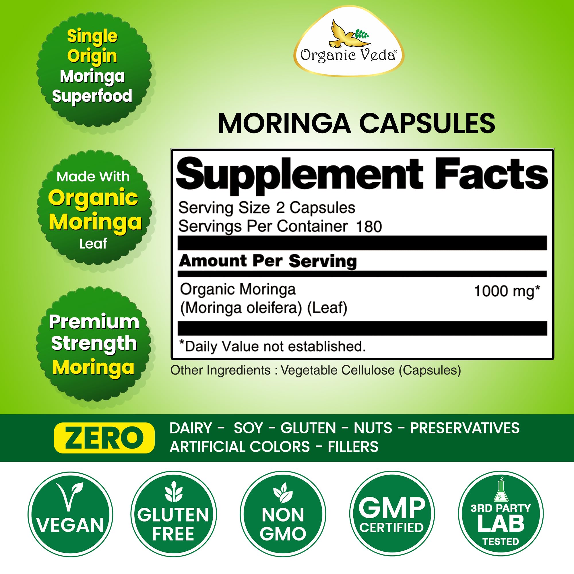 Organic Veda Moringa packaging uses sustainable materials, aligning with eco-conscious choices.