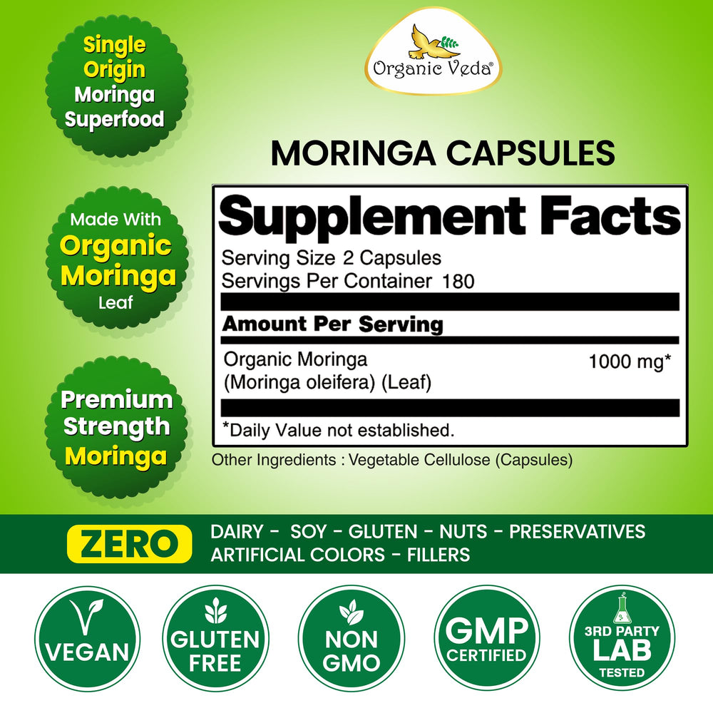 Organic Veda Moringa packaging uses sustainable materials, aligning with eco-conscious choices.