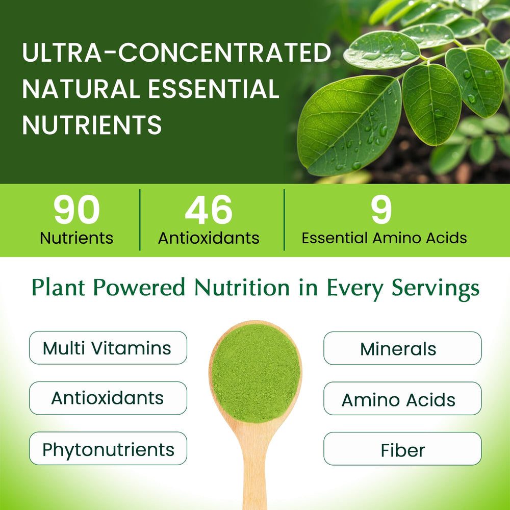 Organic Veda Moringa Powder green powder texture suggests nutrient density for energy.