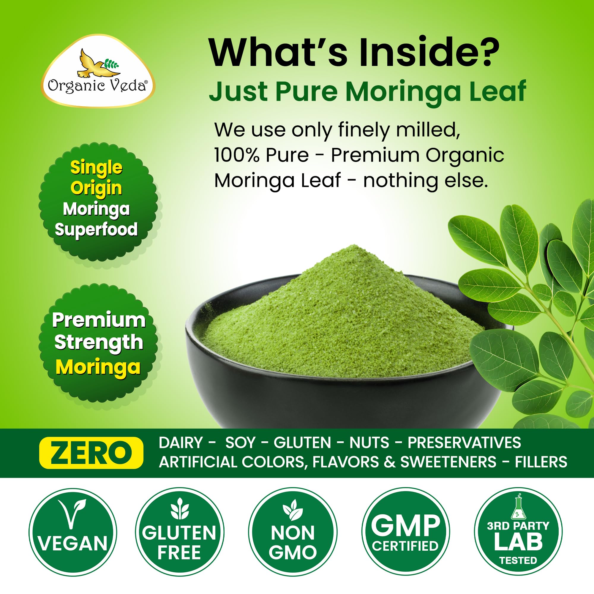 Organic Veda Moringa Powder jar closeup with pure green powder ideal for smoothies.