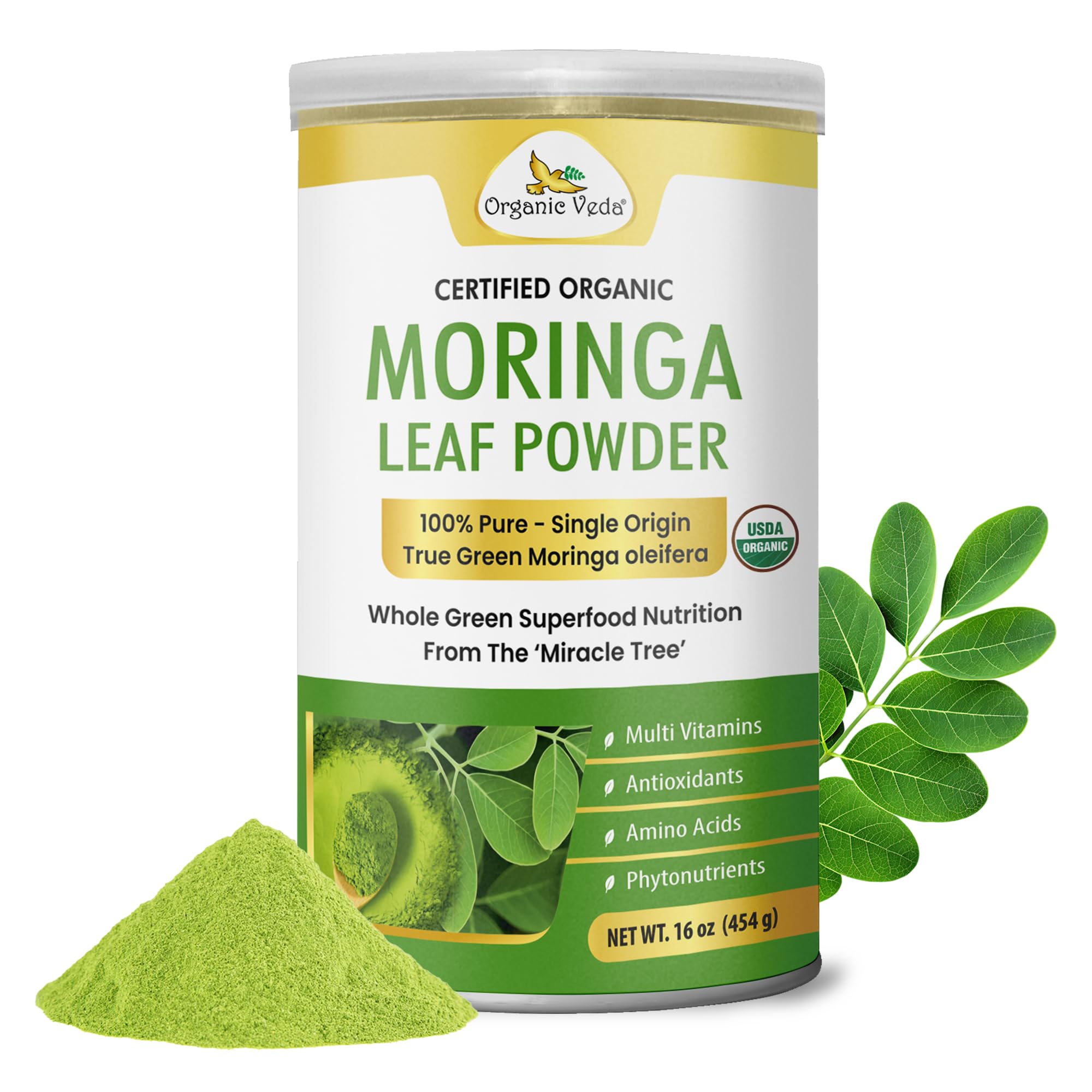 Organic Veda Moringa Powder front packaging shows USDA Organic quality for daily nourishment.