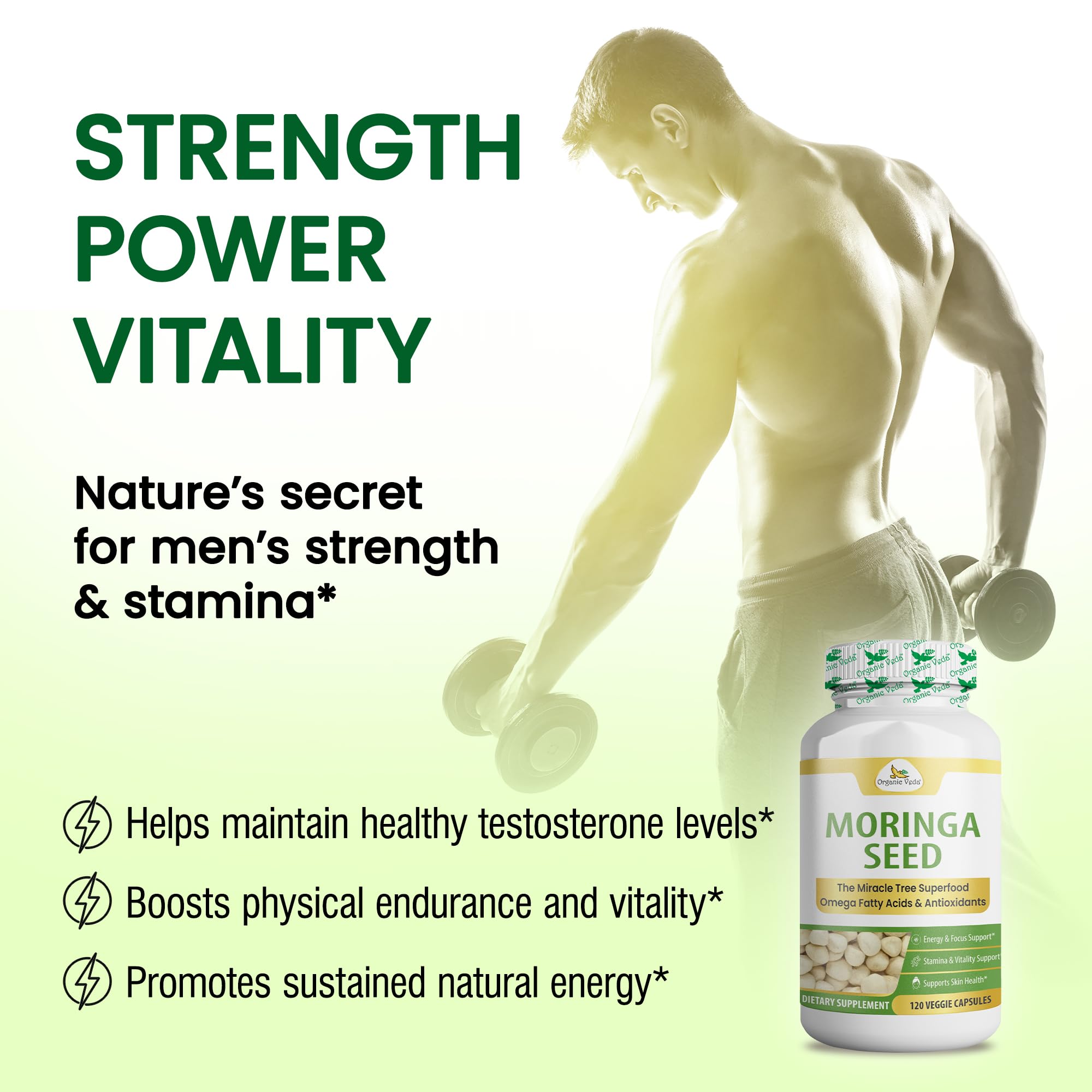 Organic Veda Moringa seed capsules showing energy boost during day.