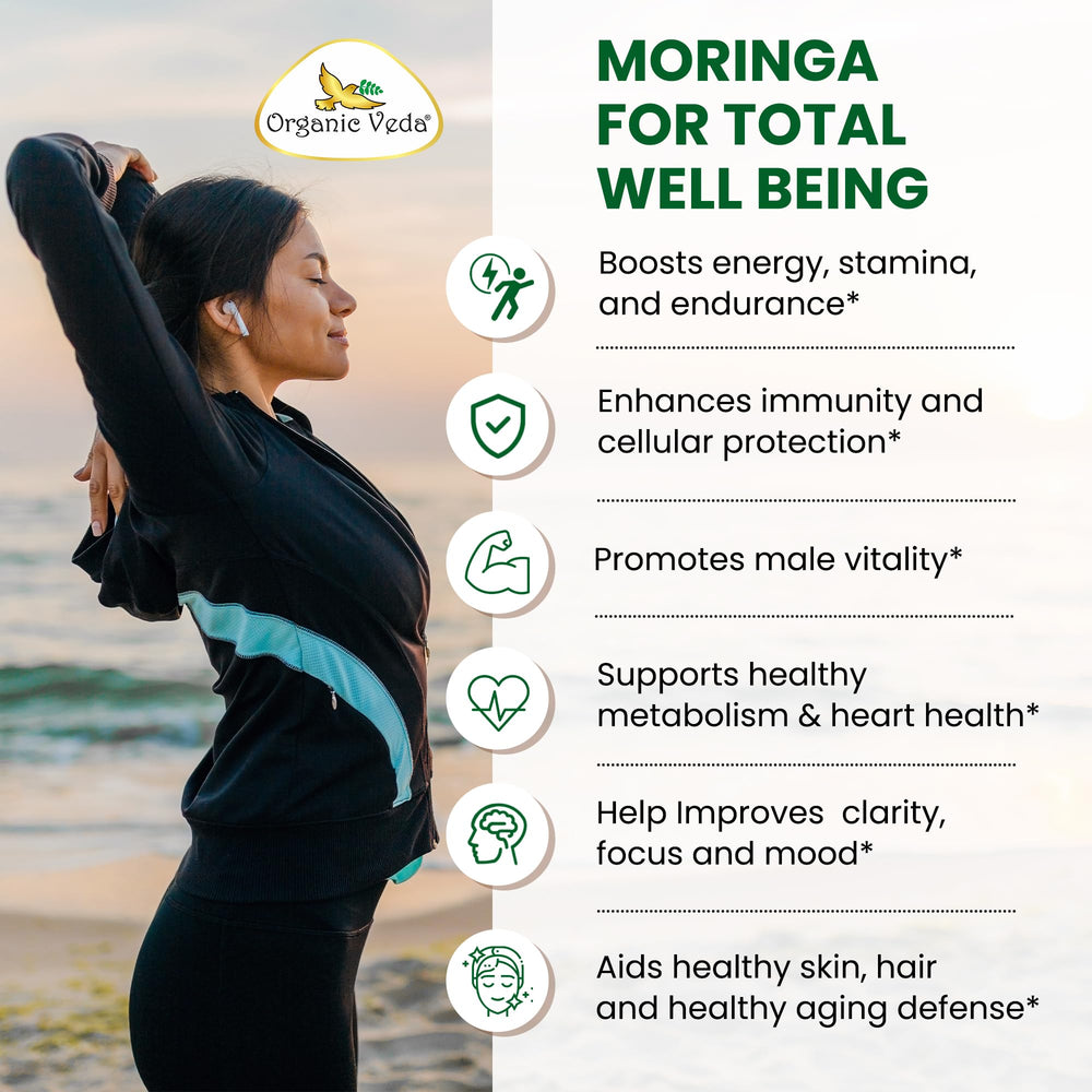 Organic Veda Moringa capsules in kitchen, supporting energy for daily tasks.