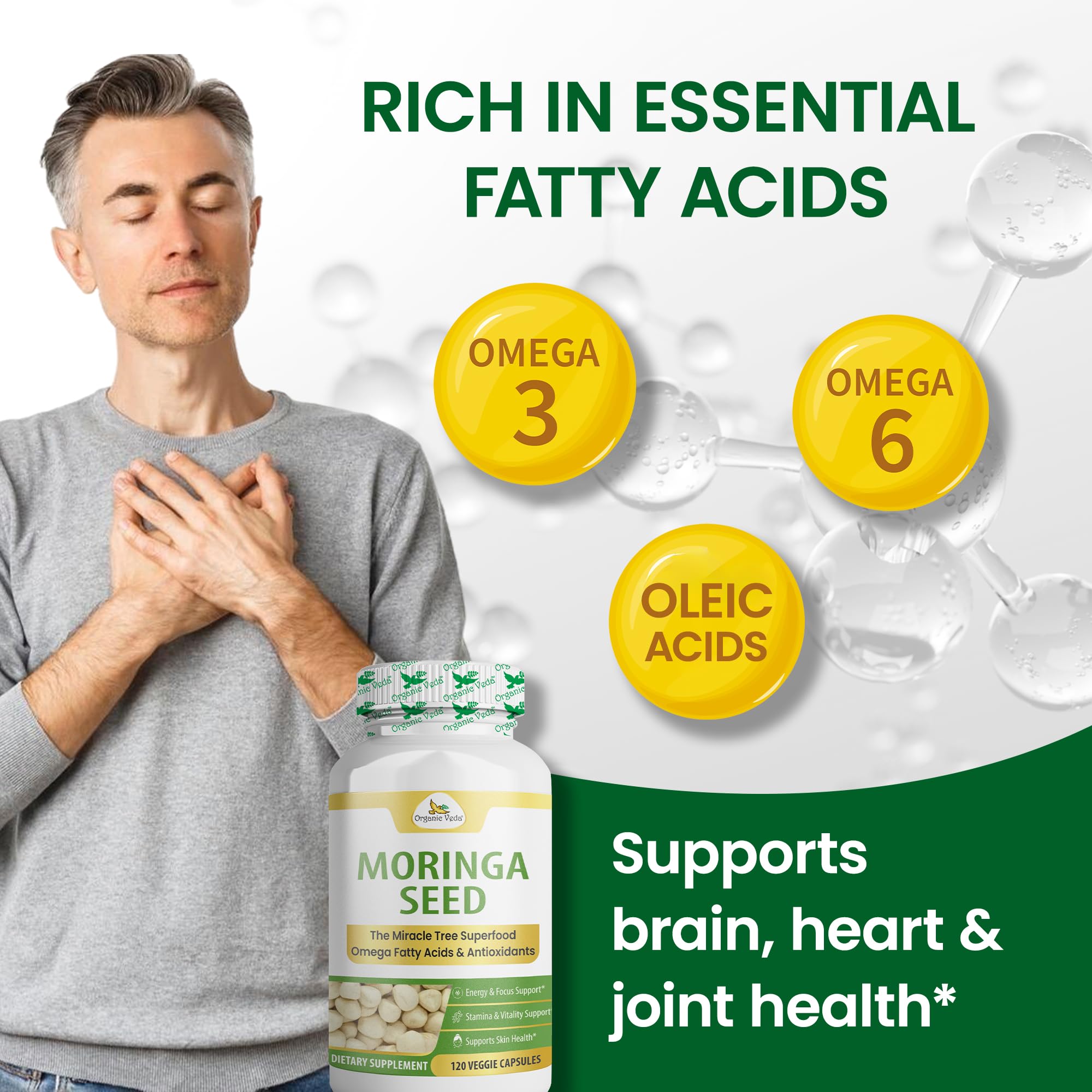 Organic Veda Moringa capsules label, emphasizing omega fats and antioxidants.