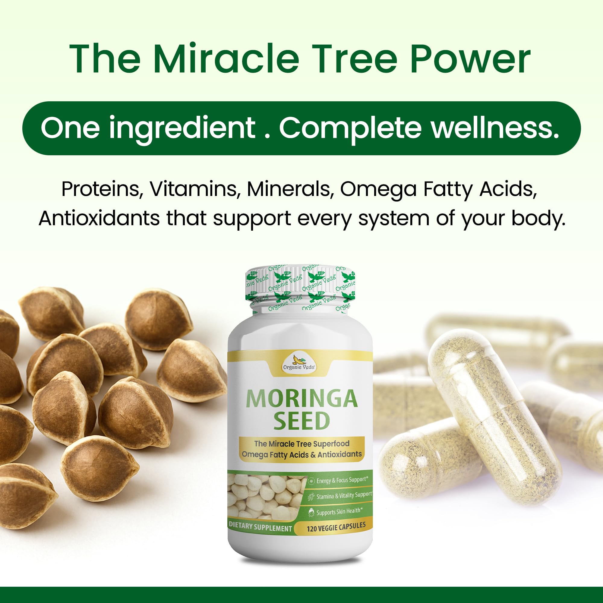 Organic Veda Moringa capsules with omega-3-6-9, versatile nutrition support.