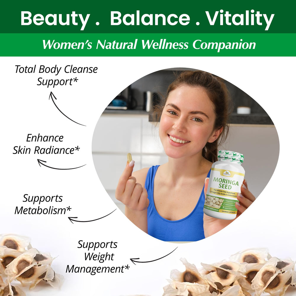 Organic Veda Moringa seed capsules dispensed pills, simple daily intake.