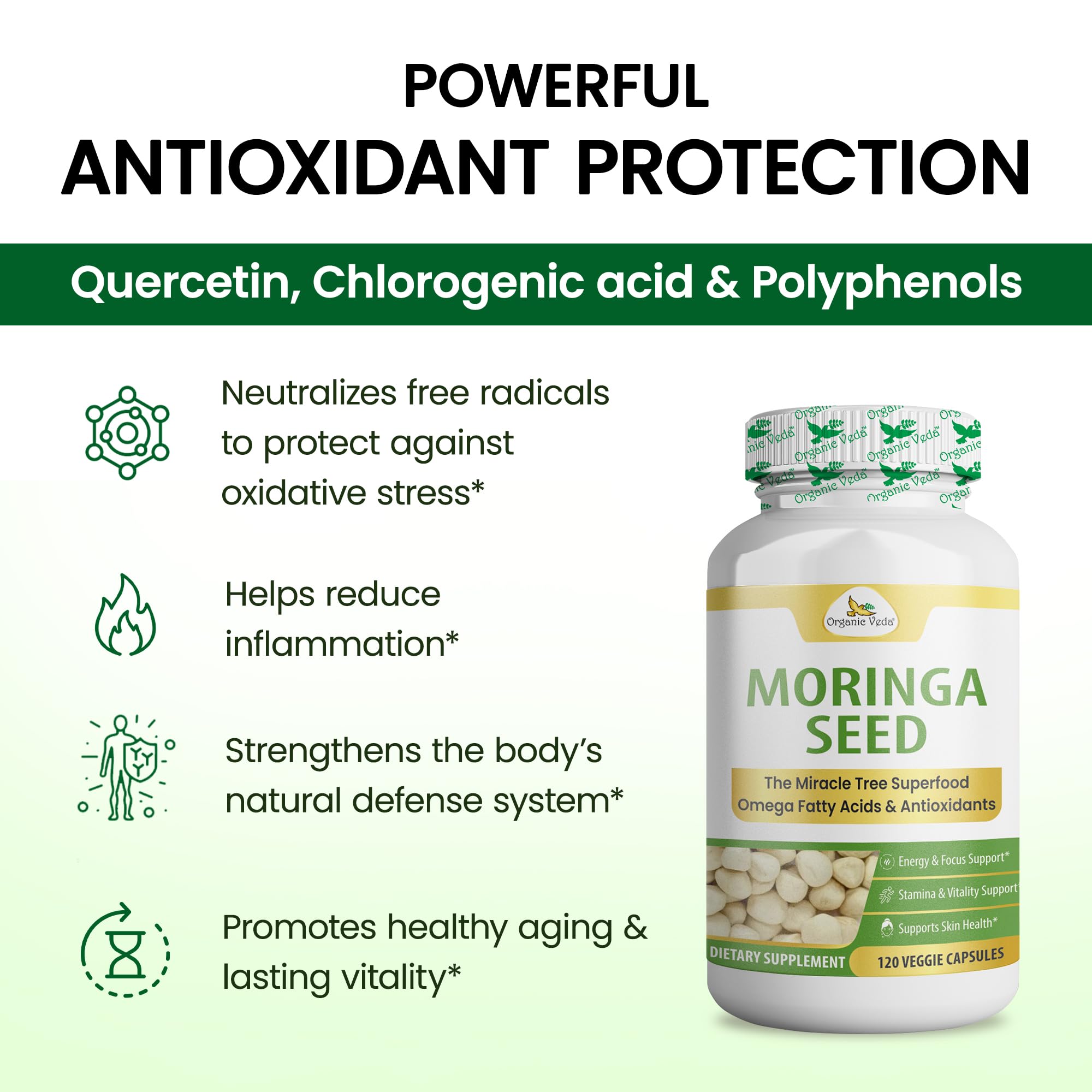 Organic Veda Moringa capsules for skin radiance, antioxidants supporting healthy glow.