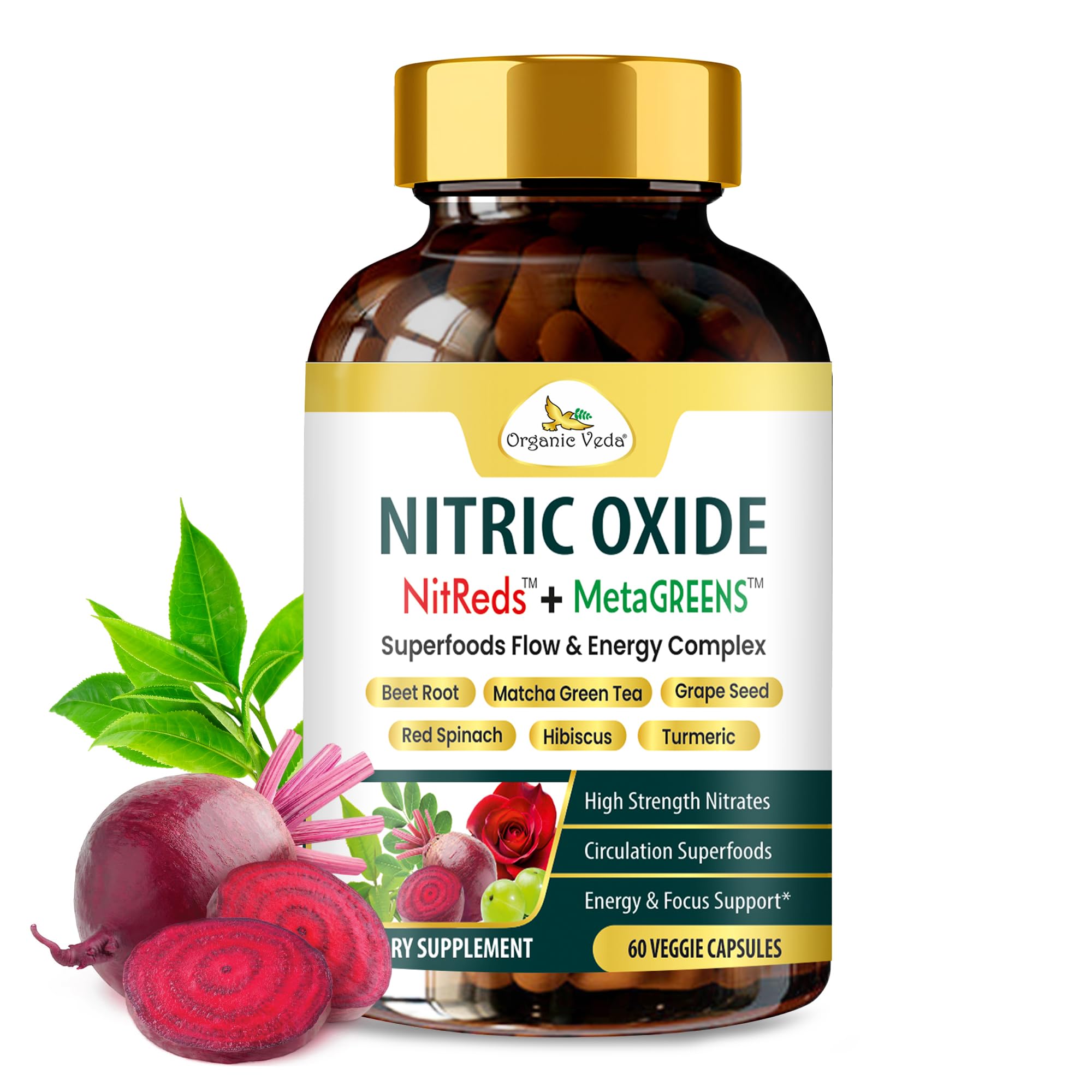 Organic Veda NitReds heart-flow bottle showing nitric oxide support potential