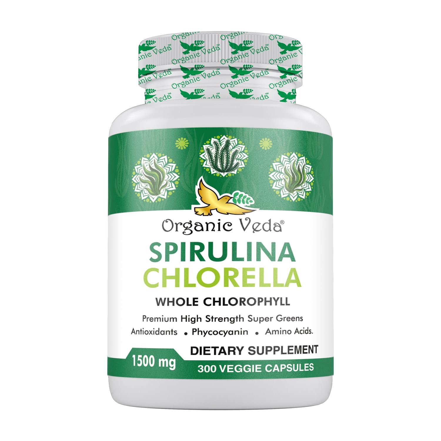 Organic Veda spirulina-chlorella capsules deliver daily green energy.