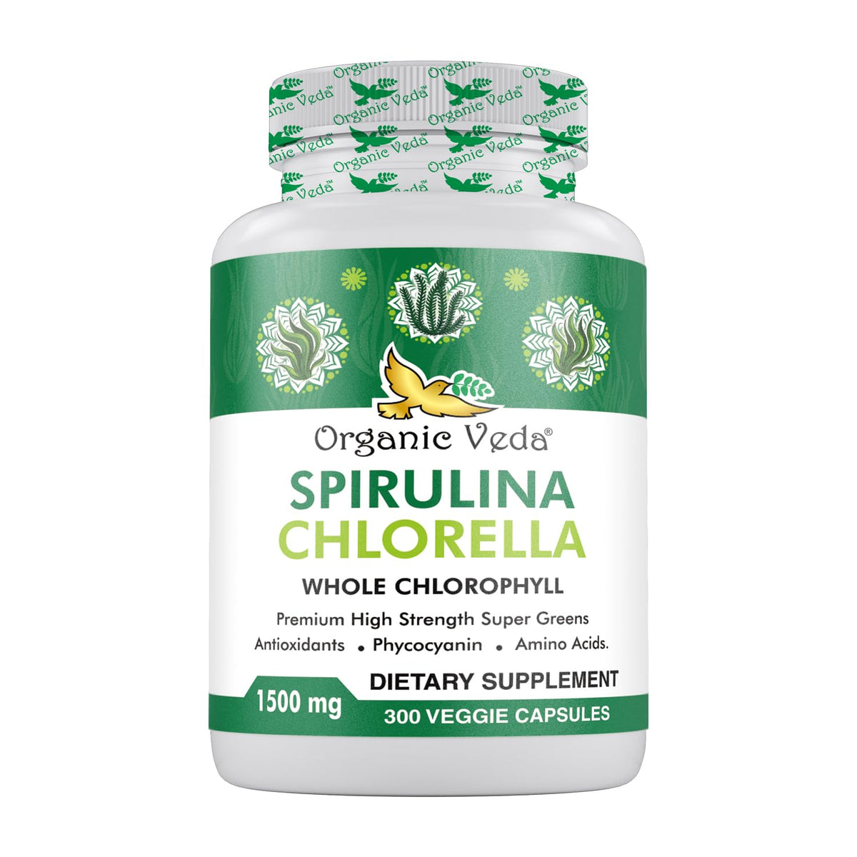 Organic Veda spirulina-chlorella capsules deliver daily green energy.