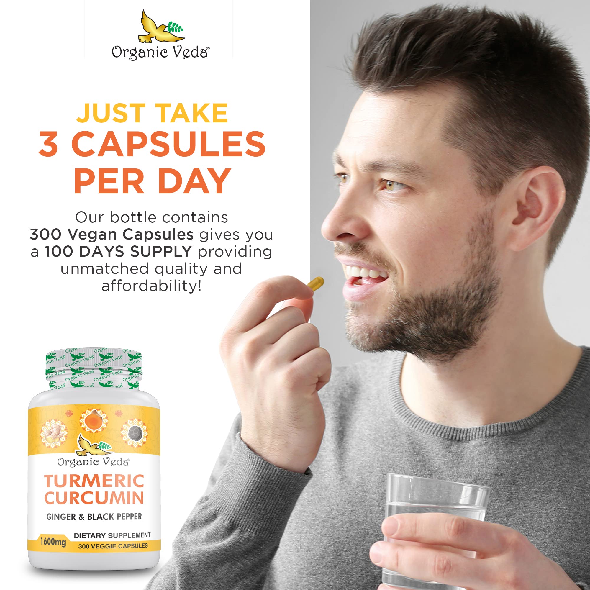 Organic Veda turmeric ginger capsules black pepper detail suggesting enhanced absorption