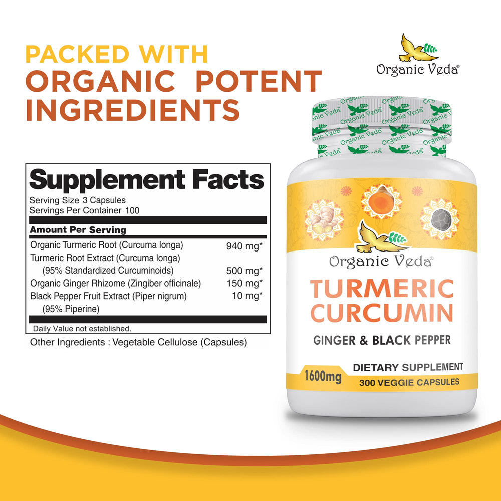 Organic Veda turmeric ginger capsules bottle back label lists ingredients for informed choices