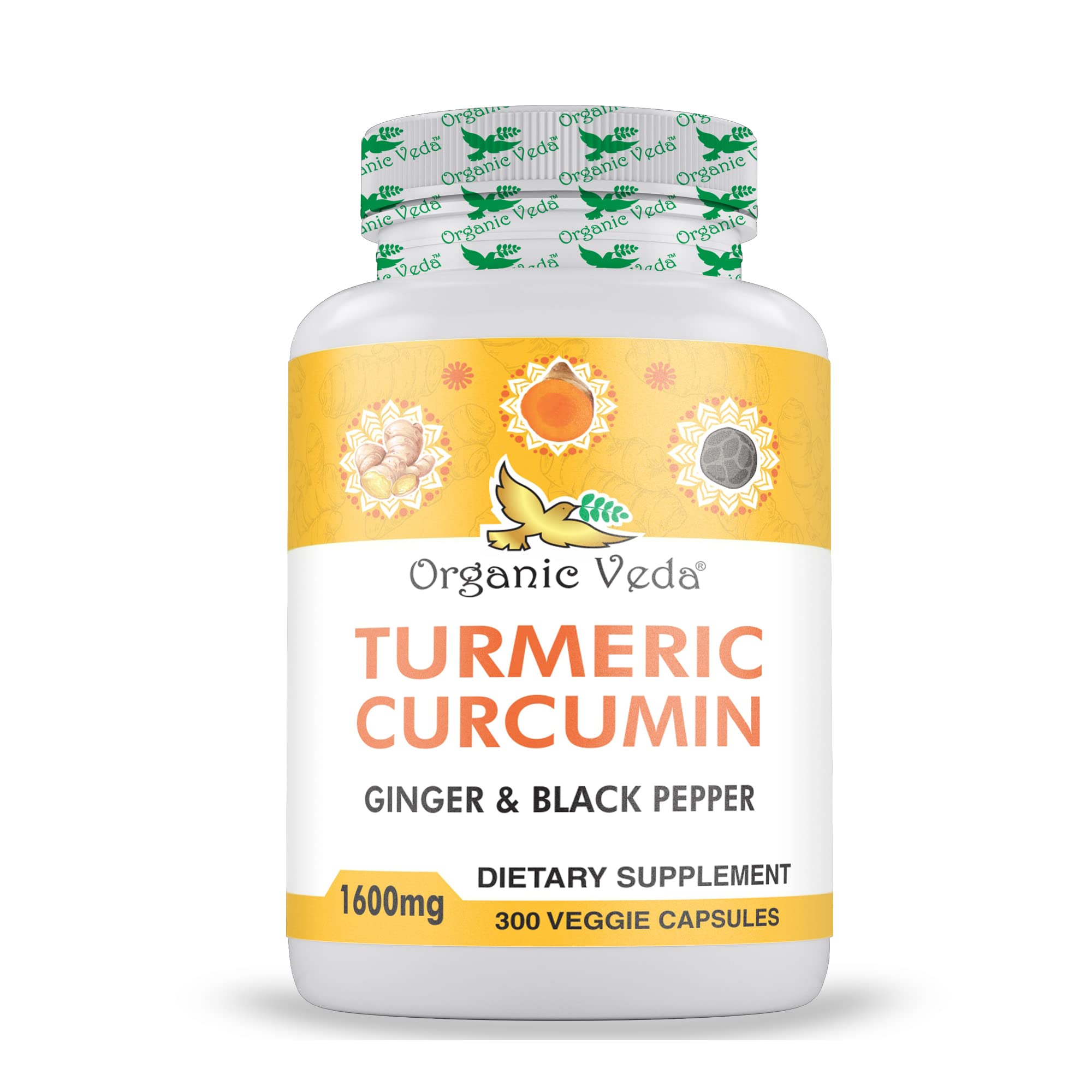 Organic Veda turmeric ginger capsules bottle front for daily wellness support