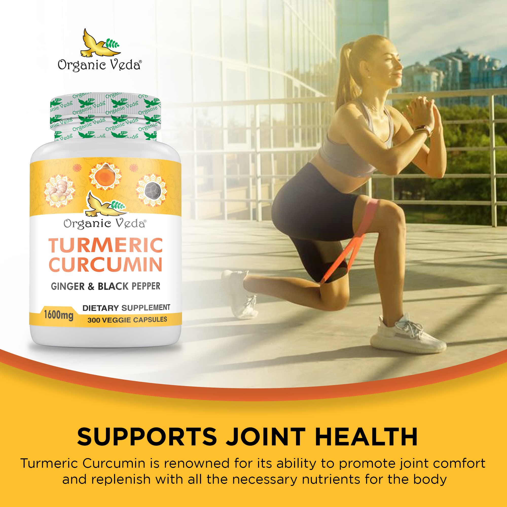 Organic Veda turmeric ginger capsules bottle on shelf for easy daily use