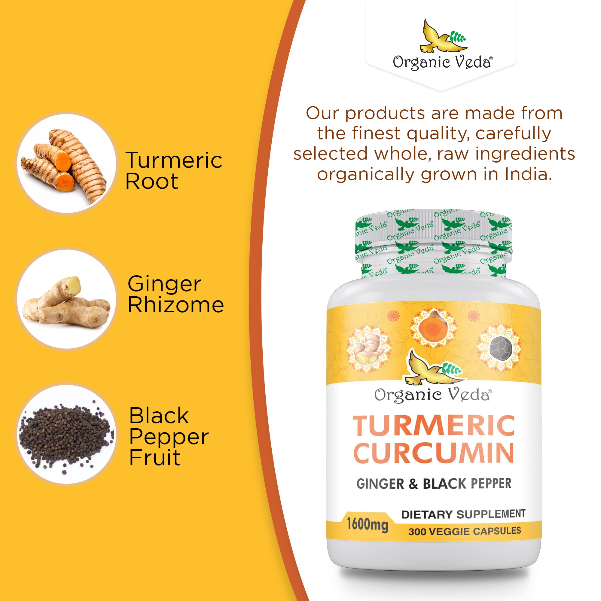 Organic Veda turmeric ginger capsules capsules closeup shows color and texture